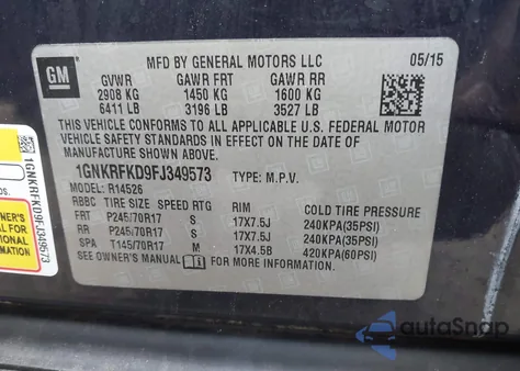 2015 Chevrolet Traverse Ls z USA, uszkodzony, nr VIN 1GNKRFKD9FJ349573